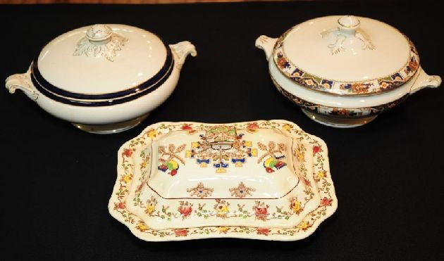 3 Soup Tureens: 3 Porcelain Soup Tureens- Sampler Design English in octagonal form; along with two others made by unknown manufacturers, both in circular form, all include lids, 2 are marked on the bottom, one of the