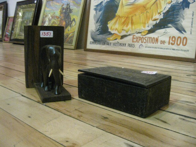 African artifacts: African Wood Staff- apparenty meant to fit in a base of some kind, it features a carved chain link design near bottom; African Elephant Book End- wood, bone and nails; Tuareg Mali tooled leather box- 