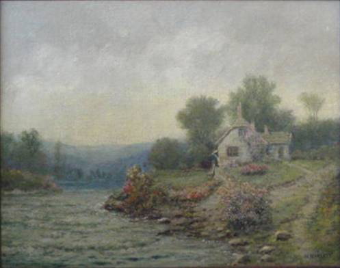 Hamilton Irving Marlatt oil: Hamilton Irving Marlatt- Cottage by a Stream- oil on canvas, signed H. Il Marlatt lower right. 22 x 27 1/2''