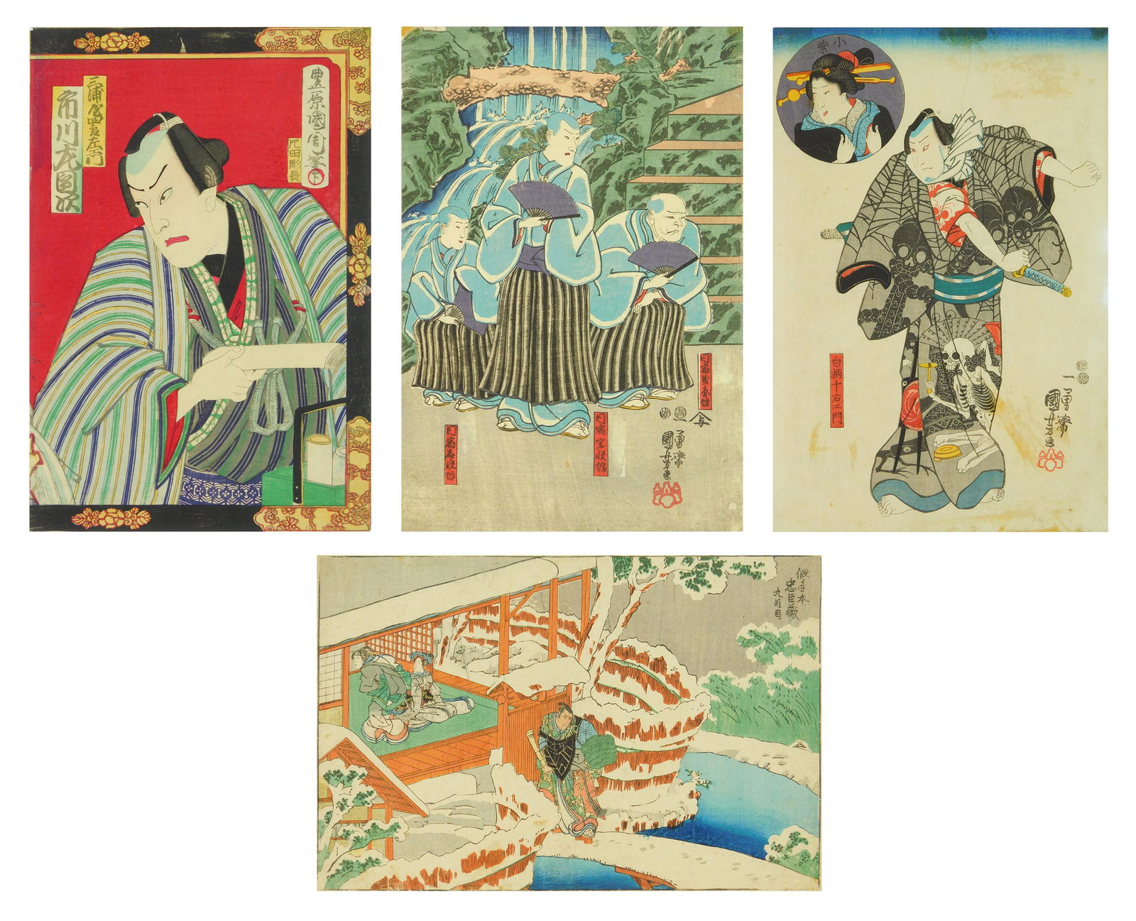 4 Kuniyoshi Utagawa woodblocks in color: 4 Kuniyoshi Utagawa woodblocks in color 1). ''Ichikawa in the role of Miurashibou Zaemon''; 2). ''No. 9 Scene of 12 Plays''- from the series ''Chushingura''; 3). Untitled- published by Yoichi-Ya; 4). 