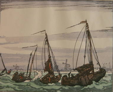 Yoshijiro Urushibara woodcut: Yoshijiro Urushibara (1888-1953) ''Dutch Packet Boats''- woodcut in color, 1924, signed in pencil, after Sir Frank Brangwyn, from 'Ten Woodcuts after Designs by Frank Brangwyn', edition of 270, wrinkl