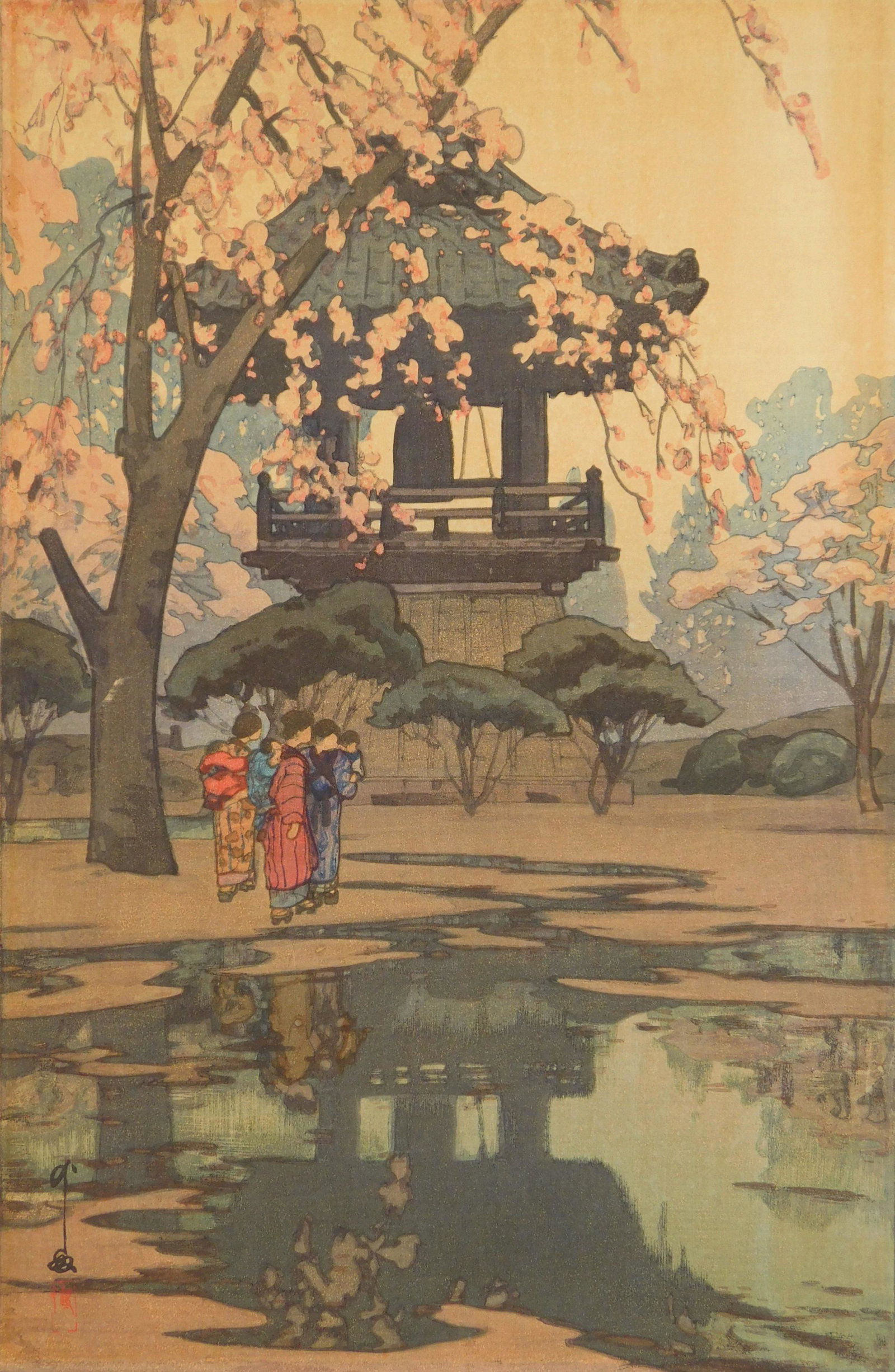 Hiroshi Yoshida woodblock: Hiroshi Yoshida (1876-1950) ''In A Temple Yard'' (Yoshida 197)- woodblock in colors, 1935, stamped signature and title, paper age toned and light struck. 14 7/8 x 9 3/4''