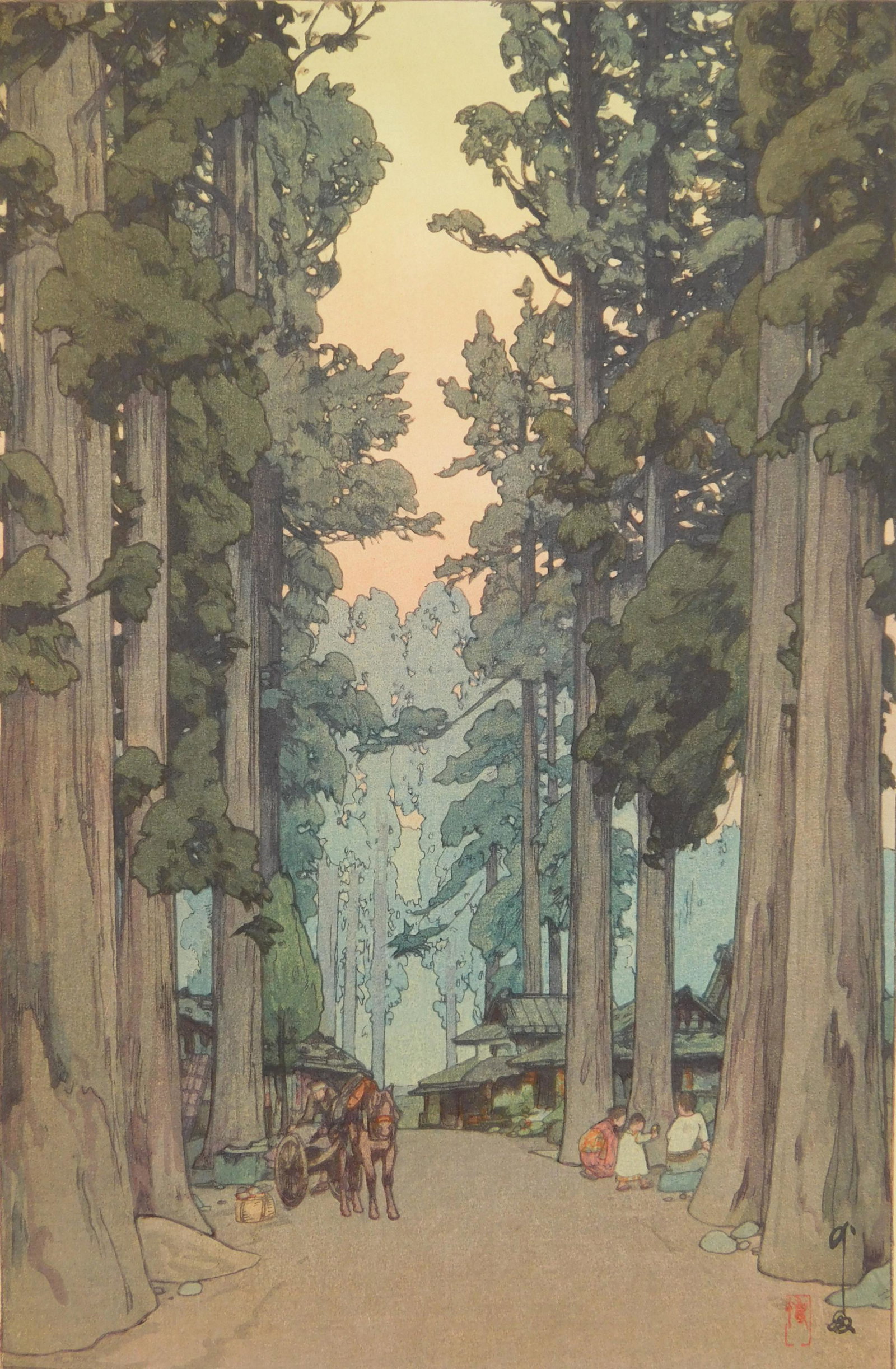 Hiroshi Yoshida woodblock: Hiroshi Yoshida (1876-1950) ''Cryptomeria Avenue'' (Yoshida 219)- woodblock in colors, 1937, stamped signature and title, paper age toned, some staining in margins. 14 7/8 x 9 3/4''