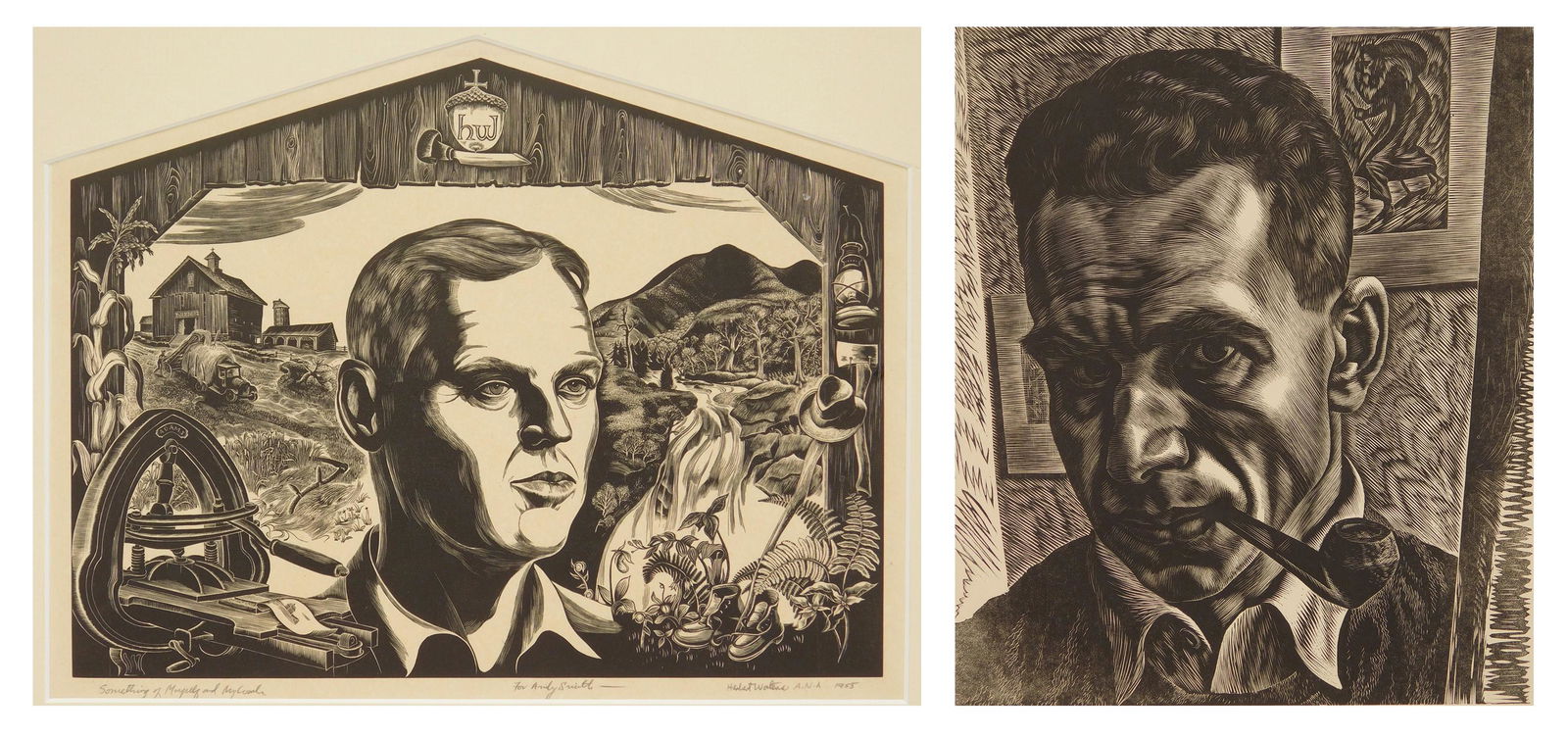 2 American block prints- Portraits: 2 American block prints 1). Isaac Friedlander (1890-1968)- ''Self-Portrait''- wood engraving, 1935, signed, titled, dated and numbered 12/50. 10 1/2 x 9''; 2). Herbert Waters (1903-1996)- ''Something