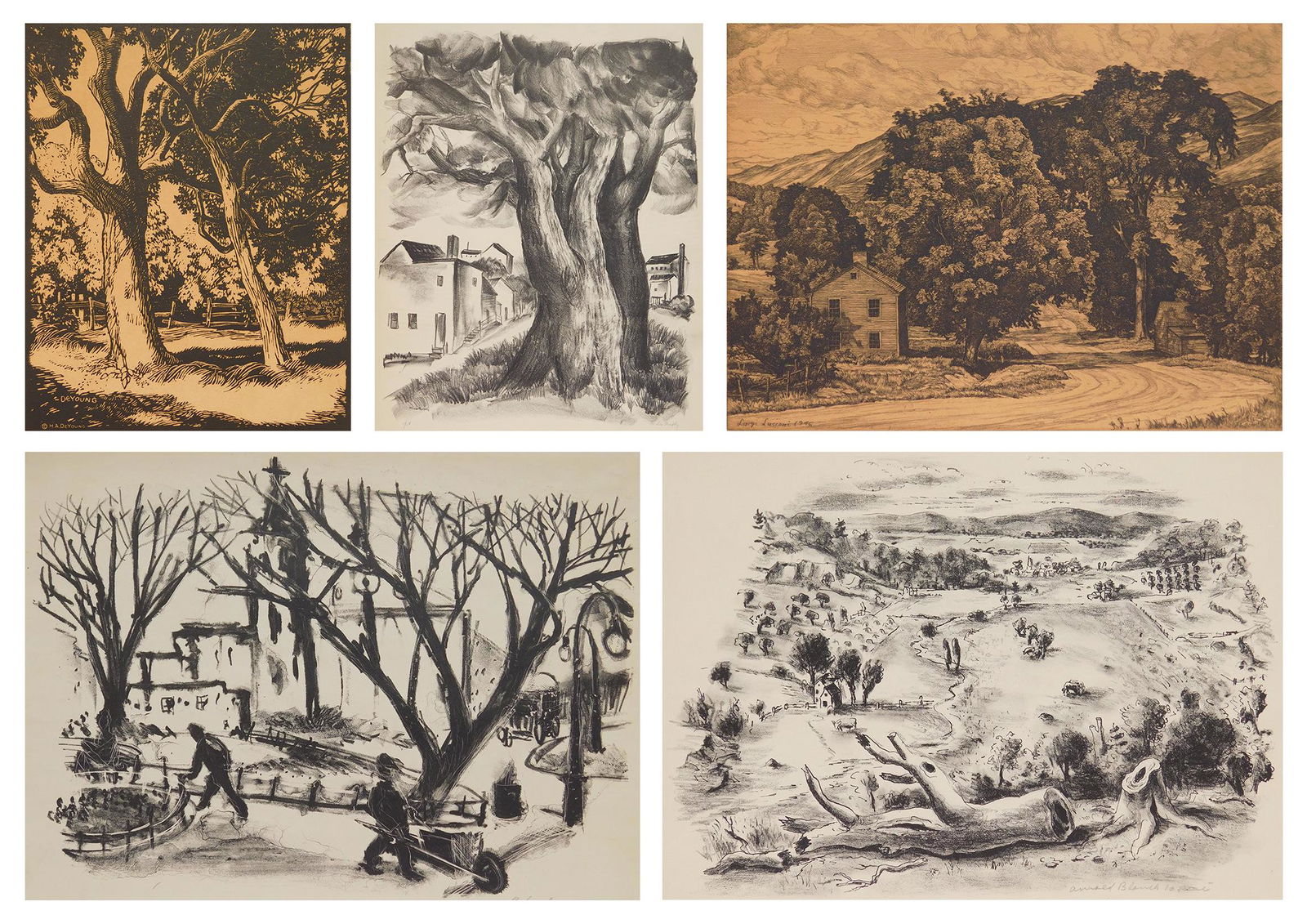5 Prints: 5 Prints 1). A. Blanch- Landscape- lithograph, signed in pencil. 9 x 12 3/4''; 2). Aaron Bohrod- Street Scene- signed in pencil, repaired tears. 9 3/8 x 13 3/4''; 3). Harry Anthony DeYoung- ''Live Oak
