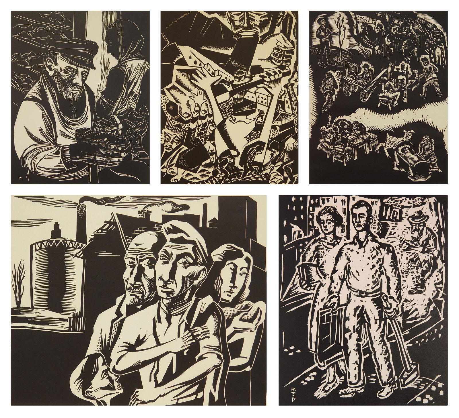 5 Prints: 5 Prints 1). Bernice Berkman- ''Toward a Newer Life''- woodcut; 2). Todros Geller- ''Raisins and Almonds''- woodcut; 3). Edward Millman- ''Shoemaker''- woodcut; 4). Mitchell Siporin- ''Workers Family'