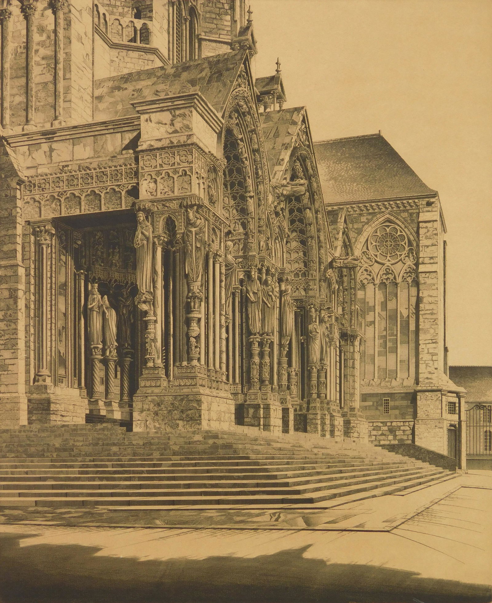 John Taylor Arms etching: John Taylor Arms (1887-1953) ''In Memoriam'' (Fletcher 317)- etching, 1939, signed and dated in pencil, French Church Series no. 40, weak plate line along left side is re-enforced with non archival ta