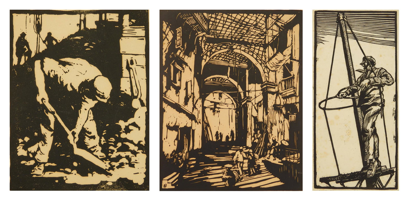 3 Lowell L. Balcolm woodblocks: Lowell L. Balcolm (1887-1938) 1). ''Hong Kong''- woodblock, 1925, signed, titled and numbered 3/25 in pencil, mat burn. 10 7/8 x 8 5/8''; 2). ''In The Hoop''- woodblock, 1932, titled, dated and number