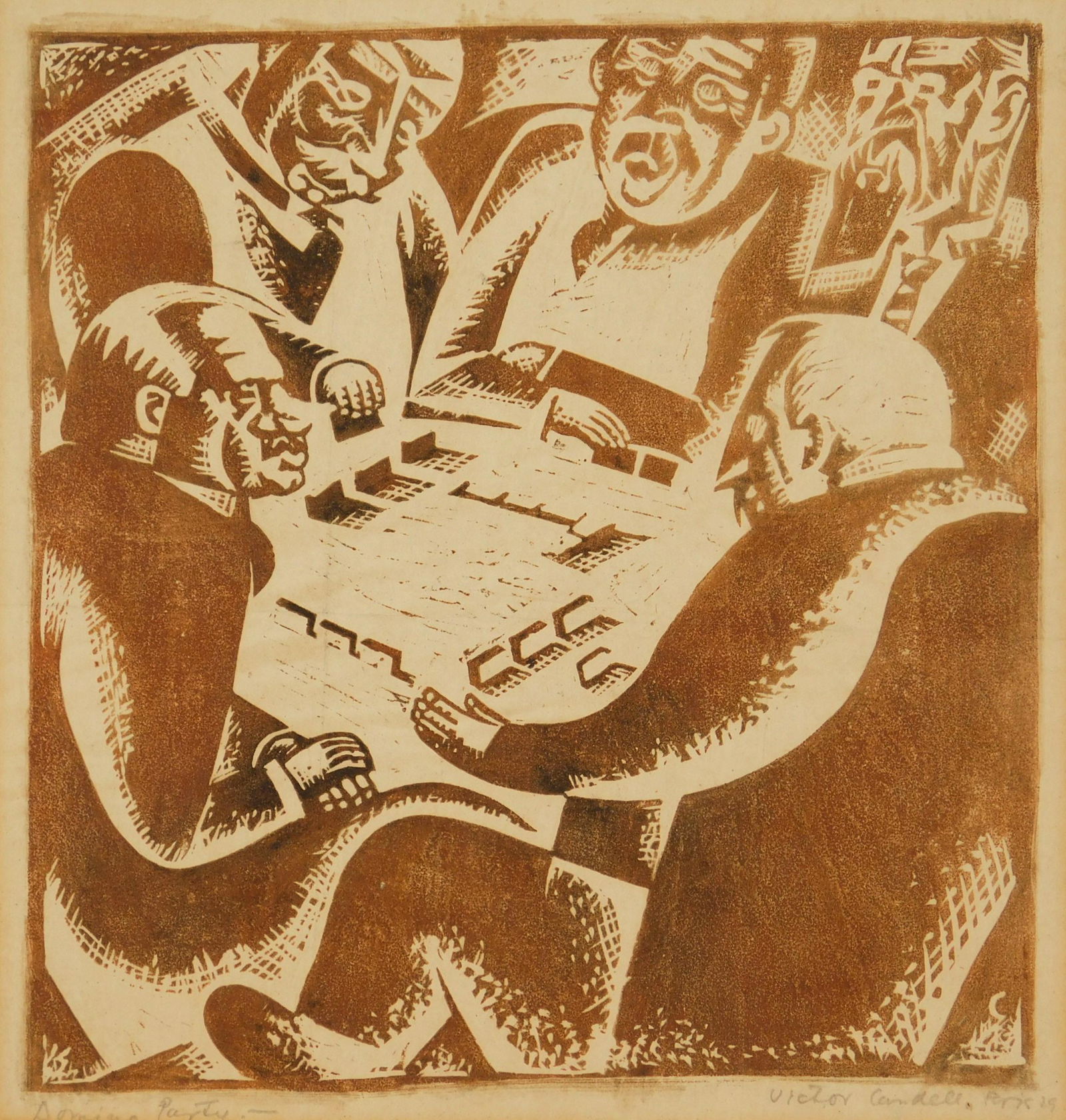 Victor Candell woodblock: Victor Candell (1903-1977) ''Domino Party''- woodblock in sepia, 1929, signed, dated, titled and annotated 'Paris' in pencil. 7 3/4 x 7 5/8''