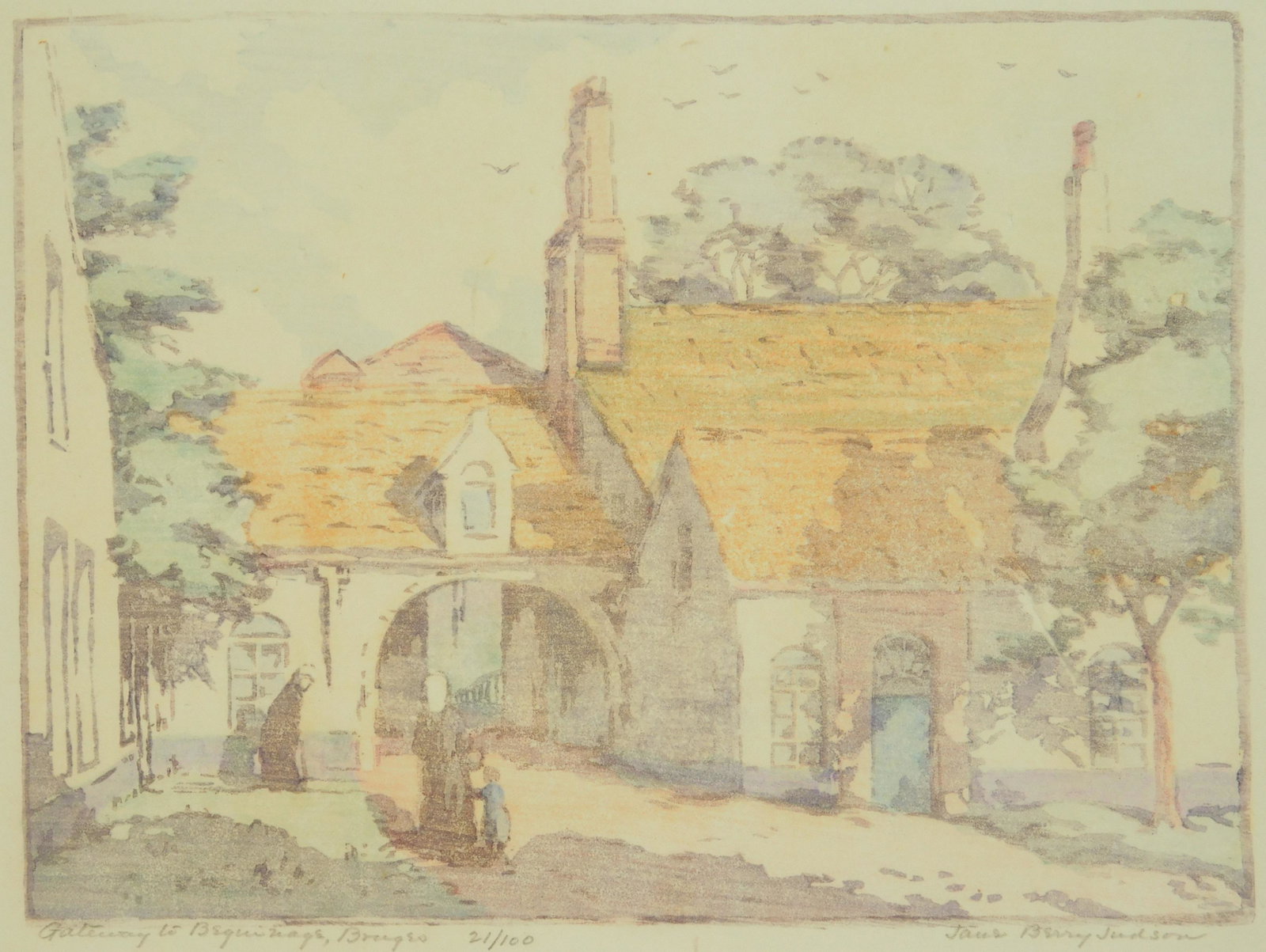 Jane Berry Judson woodcut: Jane Berry Judson (1865-1935) ''Gateway to Bequinage Bruges''- woodcut in colors, ca. 1940, signed, titled and numbered 21/100 in pencil. 5 7/8 x 7 7/8''