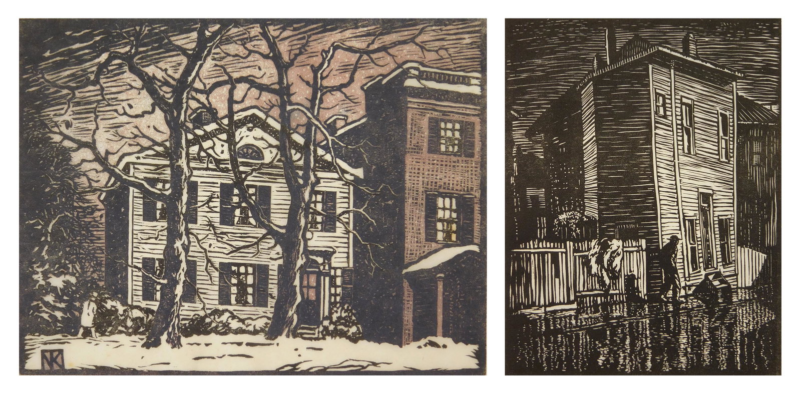 2 Norman Kent woodblocks: Norman Kent (1903-1972) 1). 'Queer House''- woodcut, 1951, signed in pencil, published by The Woodcut Society in original presentation folder. 8 x 6''; 2). ''The Scott House, Geneva''- woodblock in tw