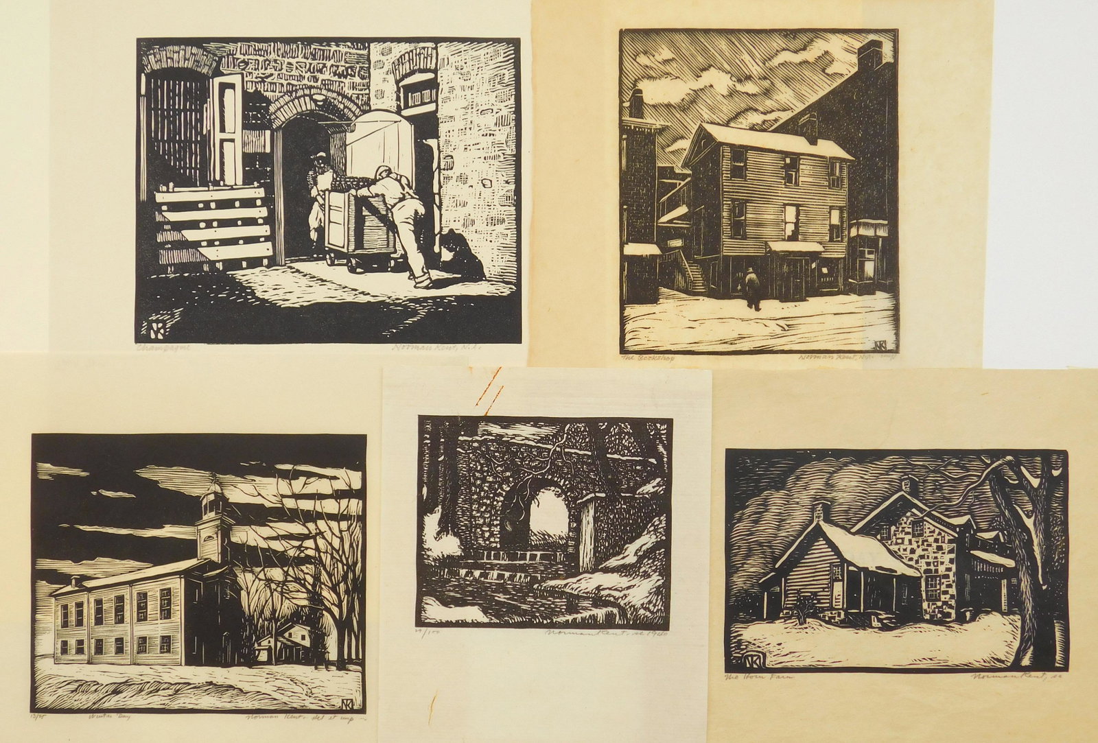 5 Norman Kent block prints: Norman Kent (1903-1972) 1). ''The Bookshop''- woodcut, signed and titled in pencil. 6 1/4 x 5 1/4''; 2). ''Champagne''- woodcut, 1941, signed and titled in pencil, from the series 'Ten Woodcuts of the
