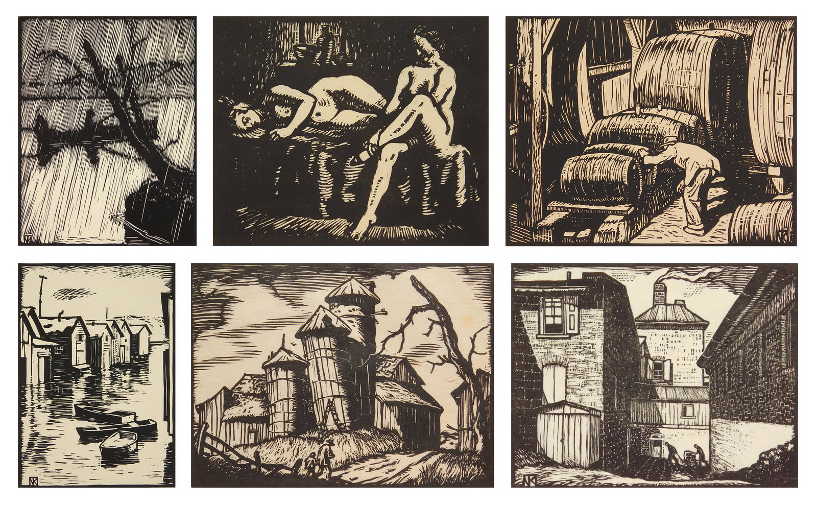 6 Norman Kent block prints: Norman Kent (1903-1972) 1). ''Artist in Wine Cellar''- woodblock, singed and titled in pencil. 5 3/4 x 7 1/4''; 2). ''Canandaigua Boat House''- woodcut, signed and titled in pencil. 6 5/8 x 4 3/4''; 3