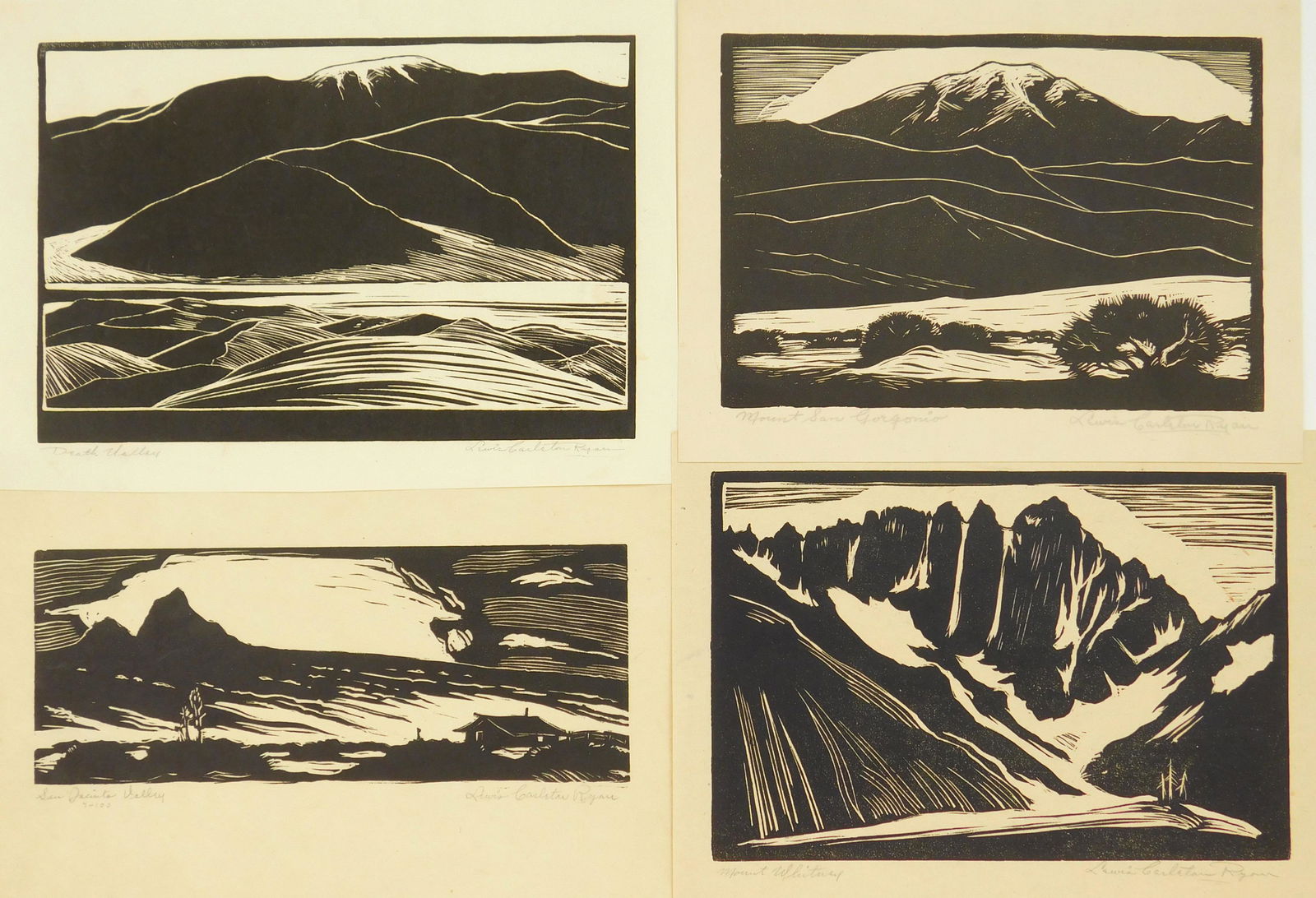 4 Lewis Carleton Ryan wood engravings: Lewis Carleton Ryan (1894-1982) ''Death Valley''; ''Mount San Gorgonio''; ''Mount Whitney''; and ''San Jacinto Valley'' 4 wood engravings, all signed and titled in pencil, 'San Jacinto Valley' also nu