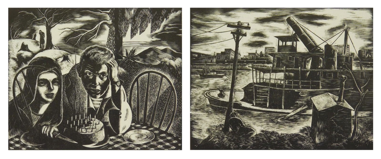 2 Charles Surendorf wood engravings: Charles Surendorf (1906-1979) 1). ''The Birthday Party''- wood engraving, signed, titled and numbered 1/28 in pencil, done for the FAP/WPA, San Francisco. 5 3/4 x 7''. Reproduced in Masteller, ''We, T