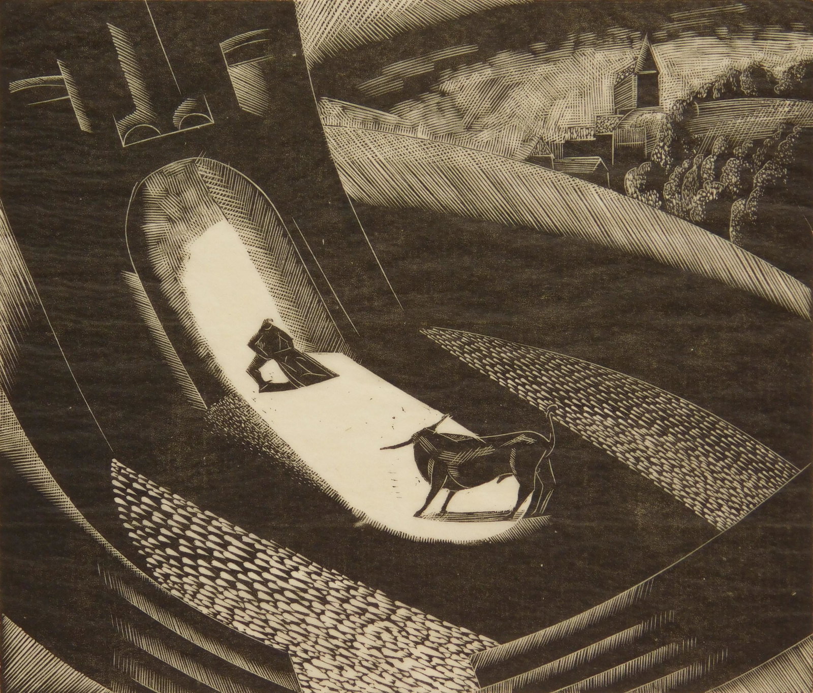 Blair Hughes-Stanton wood engraving: Blair Hughes-Stanton (British 1902-1981) ''The Bull and The Beast'' (Hughes-Stanton pg. 13) wood engraving on thin Japan paper, 1926, signed, dated, titled and numbered 7/12 in pencil. 3 7/8 x 4 5/8''
