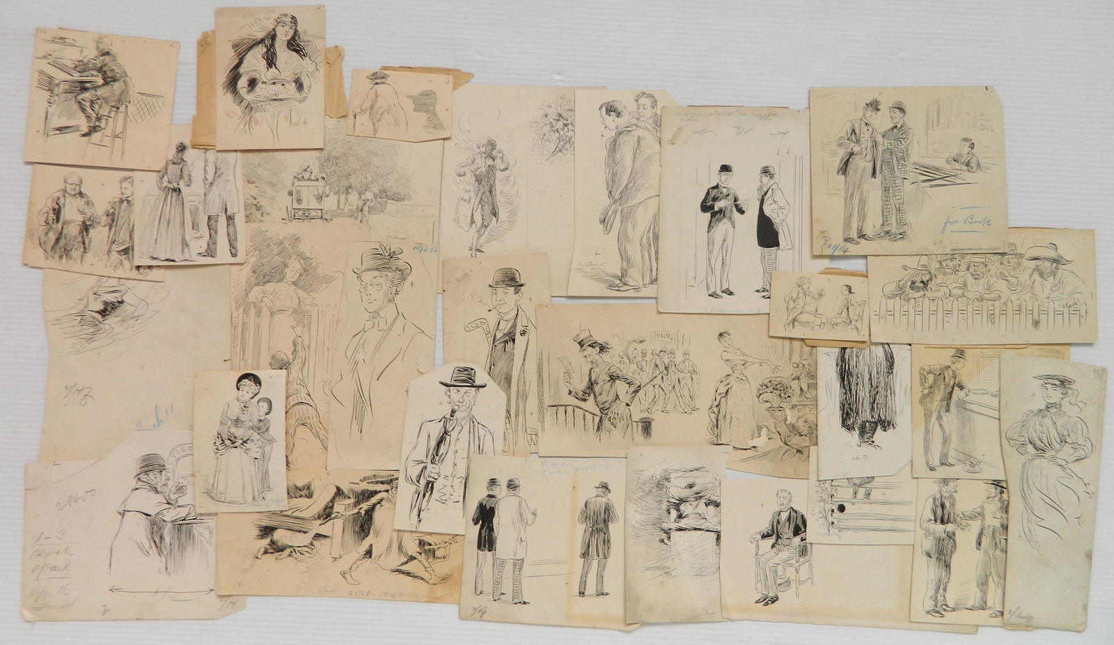 19th/ 20th c. American "Puck" illustrations: 19th/ 20th c. American "Puck'' illustrations 25+ pen and ink on paper, various artists, identified in pencil verso including, C. J. Taylor, F. Opper, many tears and stains, rough edges. 9 x 5'' (large
