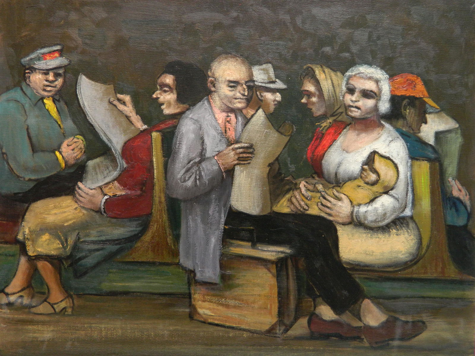 Albert Pels oil: Albert Pels (American 1910-1998) ''Subway Readers'' oil on canvas, titled on verso. 16 1/4 x 19 3/4'' Provenance: Private collection, New York, NY By descent estate of the artist