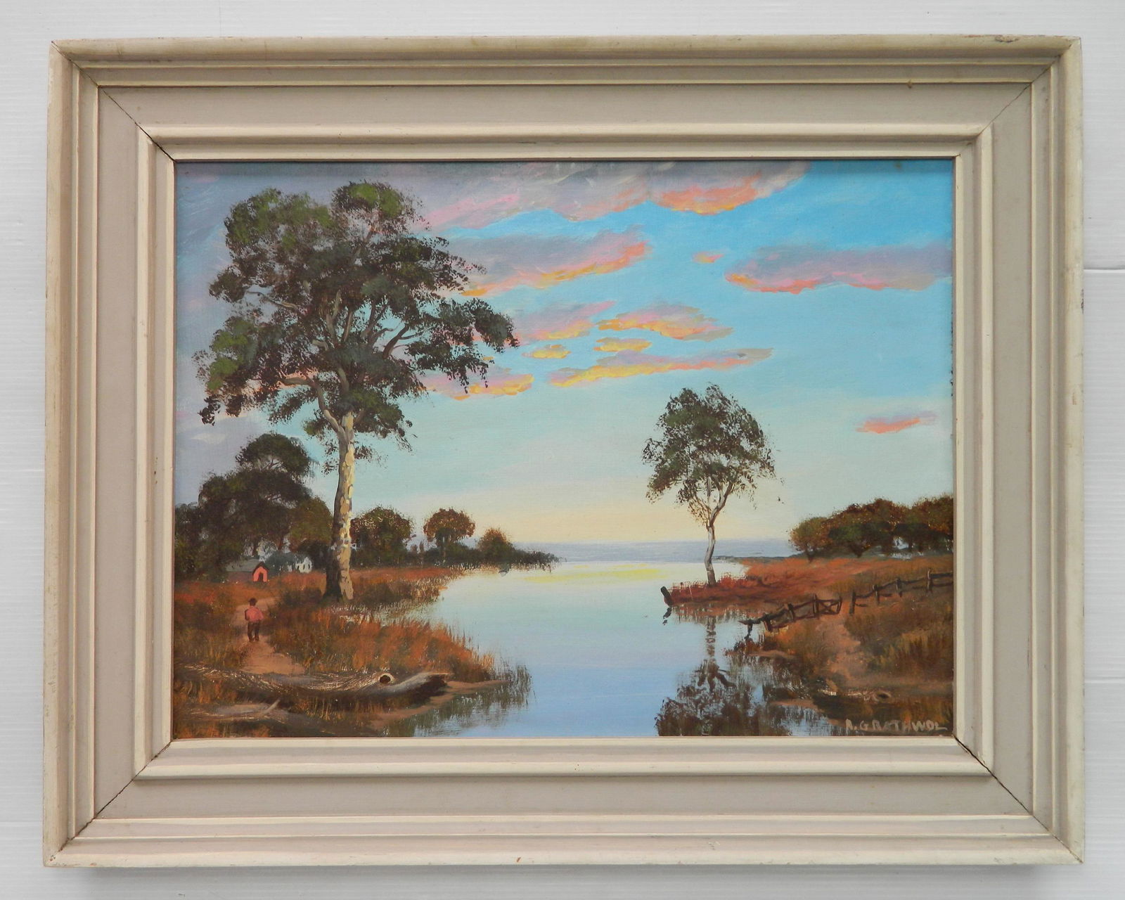 Ray Grathwol oil: Ray Grathwol (American 1900-1992) ''Sandusky Harbor Landscape" oil on board, signed R. Grathwol lower right, a few scratches lower right by tree, one spot upper right. 18 x 24''