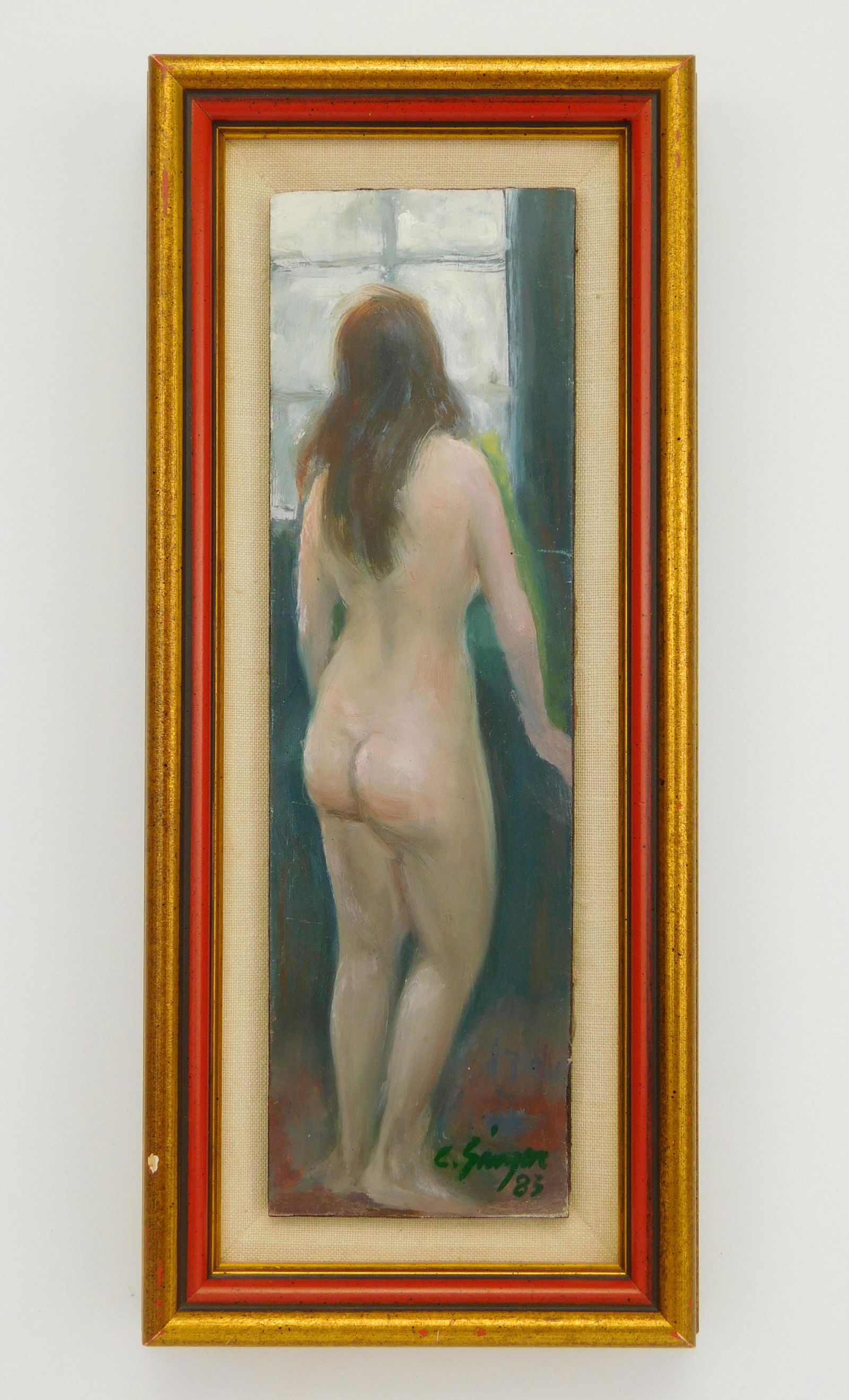 Clyde Singer oil: Clyde Singer (American 1908-1999) ''Nude Back'' oil on board, 1983, signed C. Singer/ 83 lower right, signed, titled and dated verso, framed. 10 3/4 x 3''