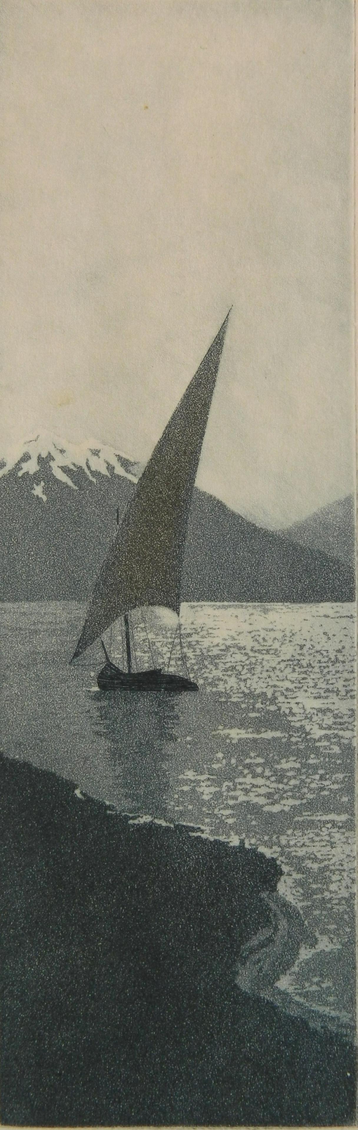 John Taylor Arms etching: John Taylor Arms (American 1887-1953) ''Moonlight, Number One'' (Fletcher 47) etching and aquatint in colors, 1920, signed in pencil, edition of 100. 7 5/16 x 2 3/8''