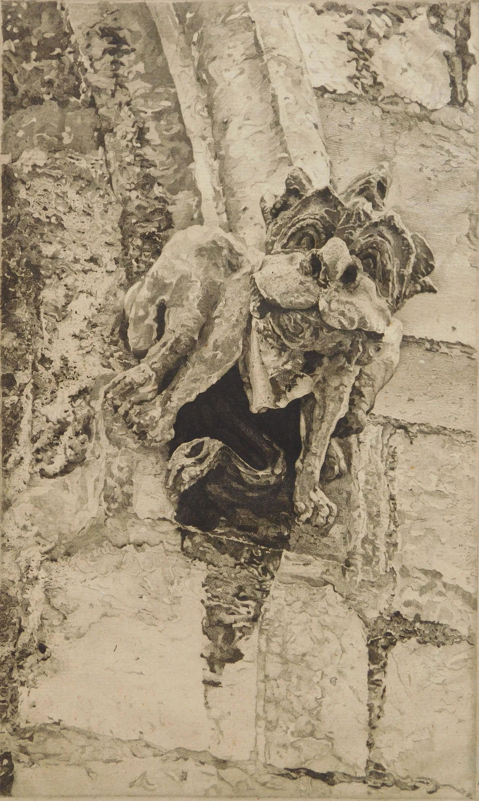 John Taylor Arms etching: John Taylor Arms (American 1887-1953) ''The Gothic Spirit'' (Fletcher 120) etching on grey green paper, 1922, signed and dated in pencil, light struck, some stains along bottom edge of paper. 11 3/4 x