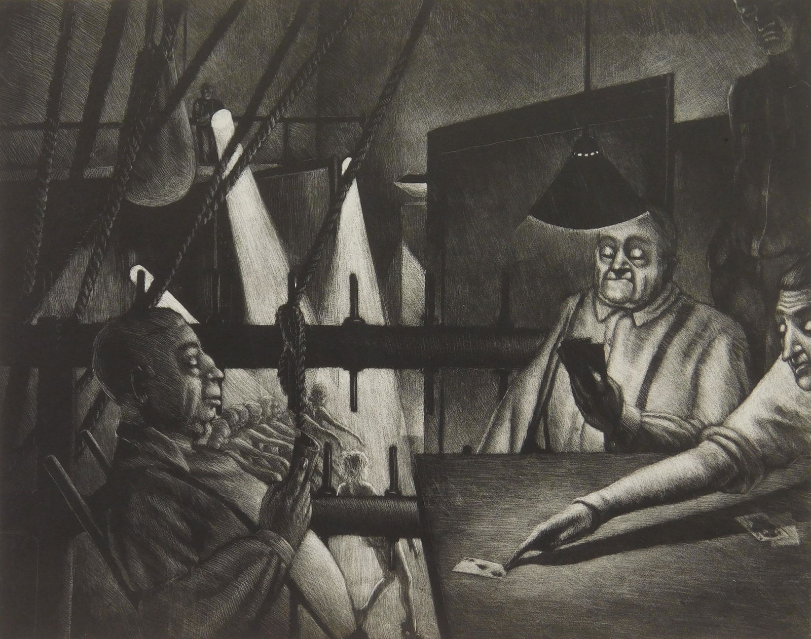 Kyra Markham lithograph: Kyra Markham (American 1891-1967) ''The Flies at Minsky's'' lithograph, 1936, signed, dated and titled in pencil, published by the WPA/FAP- New York city. 9 3/4 x 12 3/8''