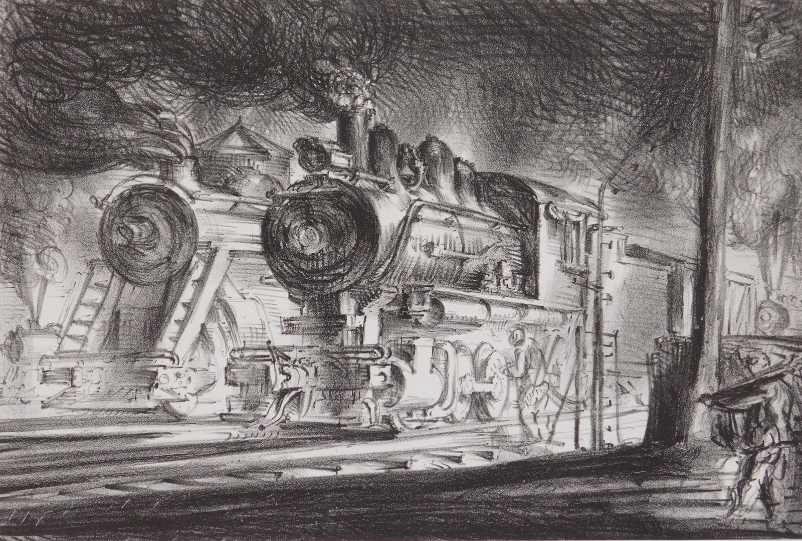 Reginald Marsh lithograph: Reginald Marsh (American 1898-1954) ''Switch Engines, Erie Yards'' (Jersey City) (Sasowsky 30) lithograph, 1948, edition of 253 plus 10, The Print Club of Cleveland publication no. 25 for 1947. 9 x 13