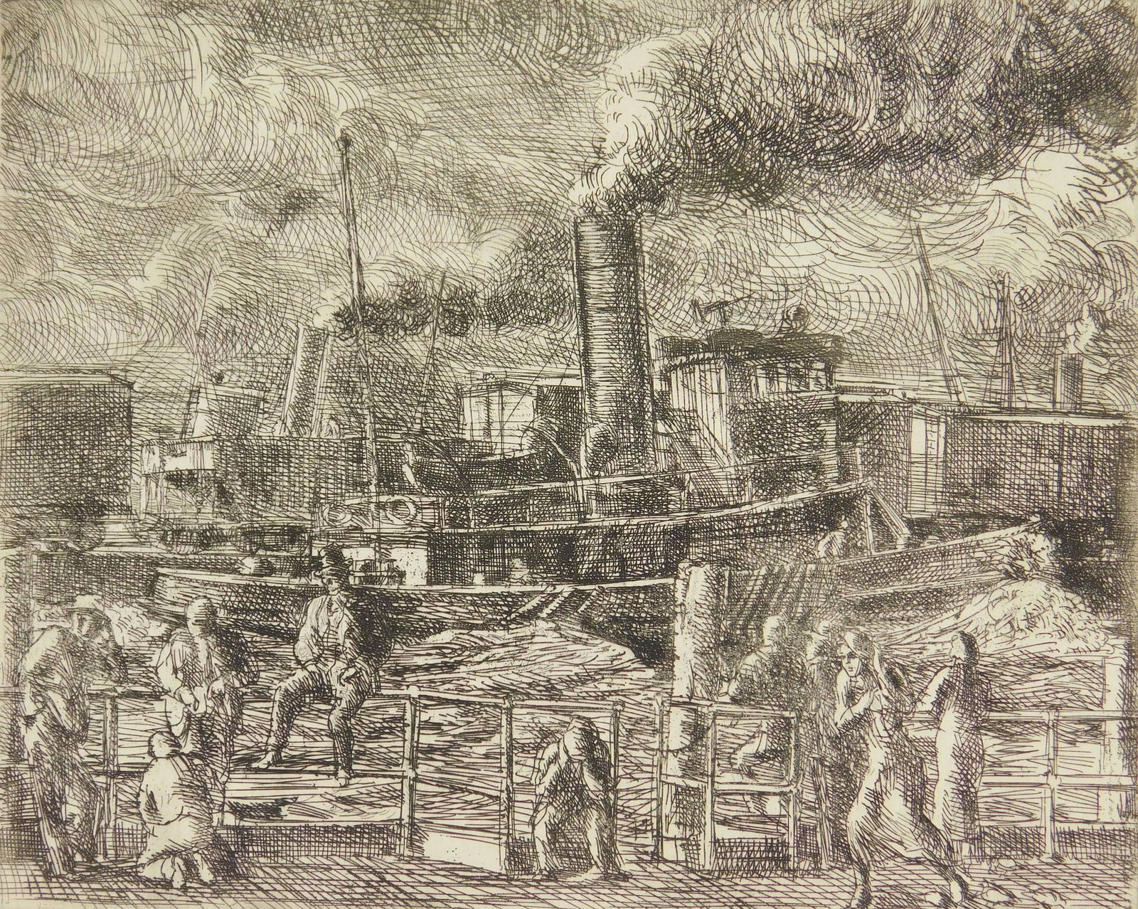 Reginald Marsh etching: Reginald Marsh (American 1898-1954) ''Tug at Battery'' (Sasowsky 145)- etching, signed and annotated '14A' in pencil, . 8 x 10''