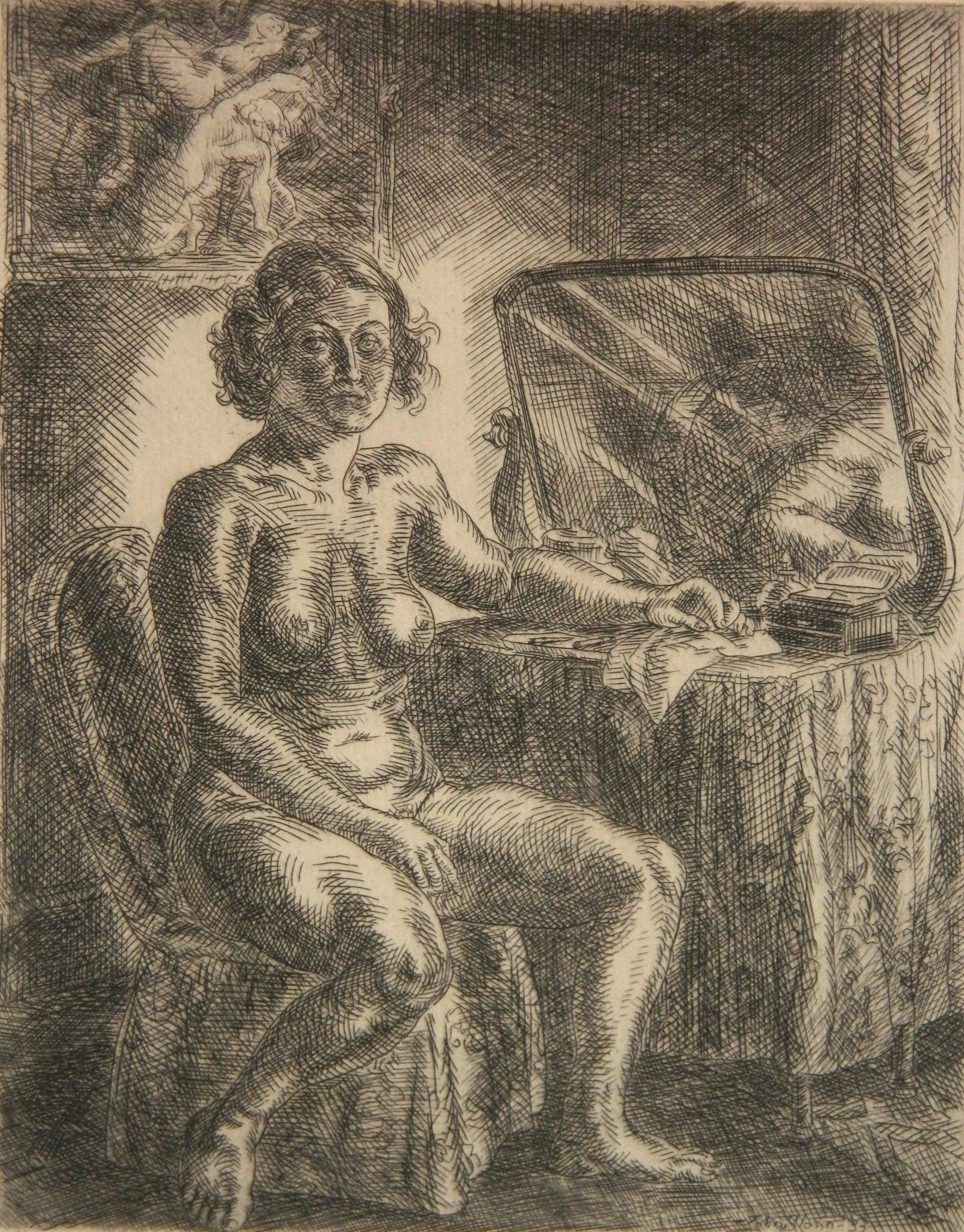 John Sloan etching: John Sloan (American 1871-1951) ''Nude At Dressing Table'' (Morse 268) etching, 1933, signed in pencil, intended edition of 100 (51 were printed). 6 7/8 x 5 3/8''