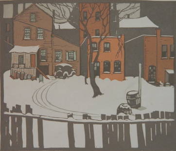 George G. Adomeit: George Adomeit (American 1879-1967) ''First Snow'' linocut in colors, 1933, signed in pencil, Cleveland edition of 250, published by The Print-A-Month Club, very good condition. 6 5/16 x 7 9/16''