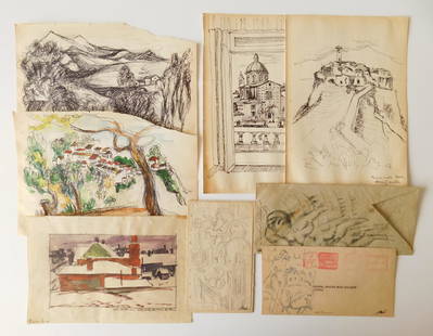 Cleveland School drawings: 8 Cleveland School drawings 1). Carl Gaertner (American 1898-1952)- House in Landscape- watercolor on paper, signed. 4 x 7'' 2-5). Leon Gordon Miller (American 1917-1997)- Italian Scenes- 4 pen and in
