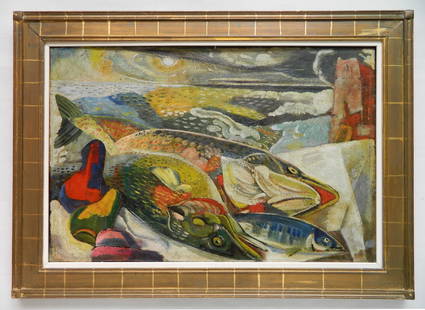 Paul Bough Travis oil: Paul Bough Travis (American 1891-1975) ''Fish By The Sea'' oil on masonite, 1955, framed. 24 x 36'' Provenance: Private collection, Cleveland, OH By descent estate of the artist