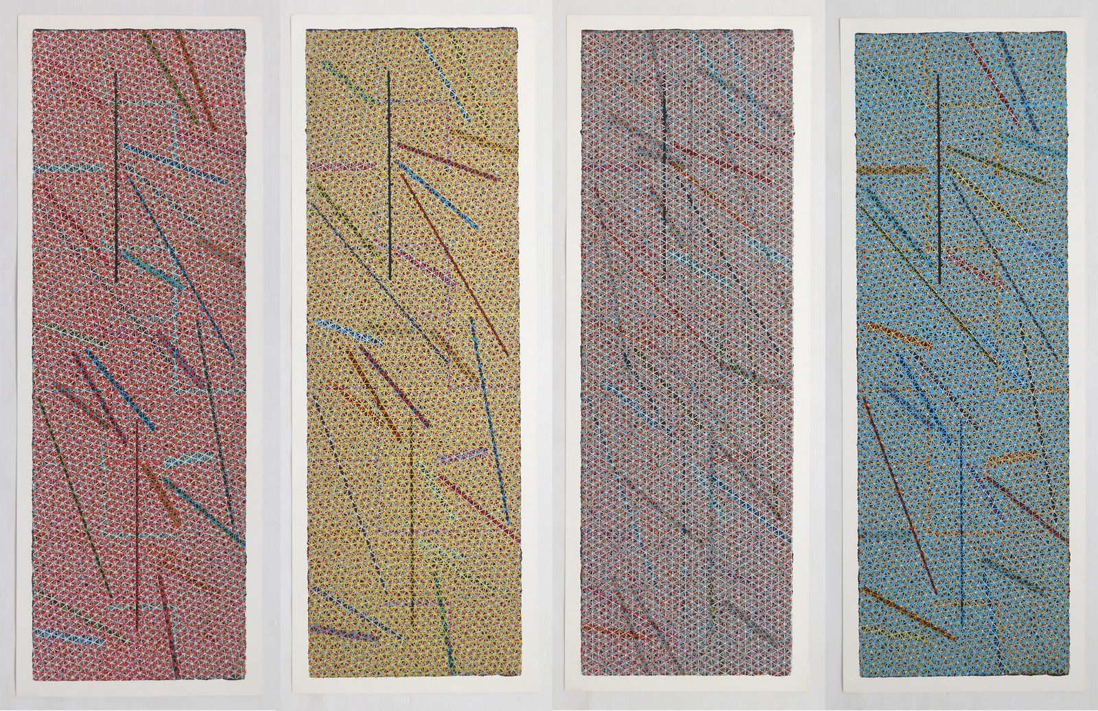 John Pearson serigraphs in color: John Pearson (American 1940- ) ''Mondrian Linear Series" set of 4 serigraphs in color, each signed, titled ,dated and annotated 'TP #1''; 'TP No.2''; 'AP #1'' & 'AP 3!'' in pencil verso. 39 x 12 5/8''
