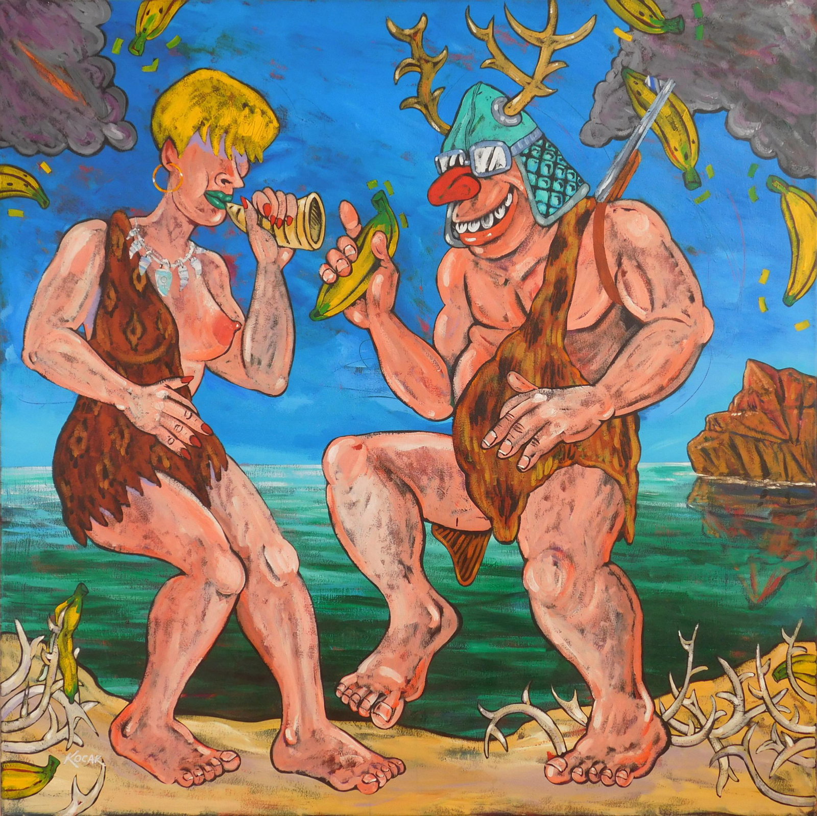 George Kocar acrylic: George Kocar (American 1948- ) ''Odd Bananas'' acrylic on canvas, 1998, signed Kocar lower left, signed, titled and dated verso. 48 x 48''