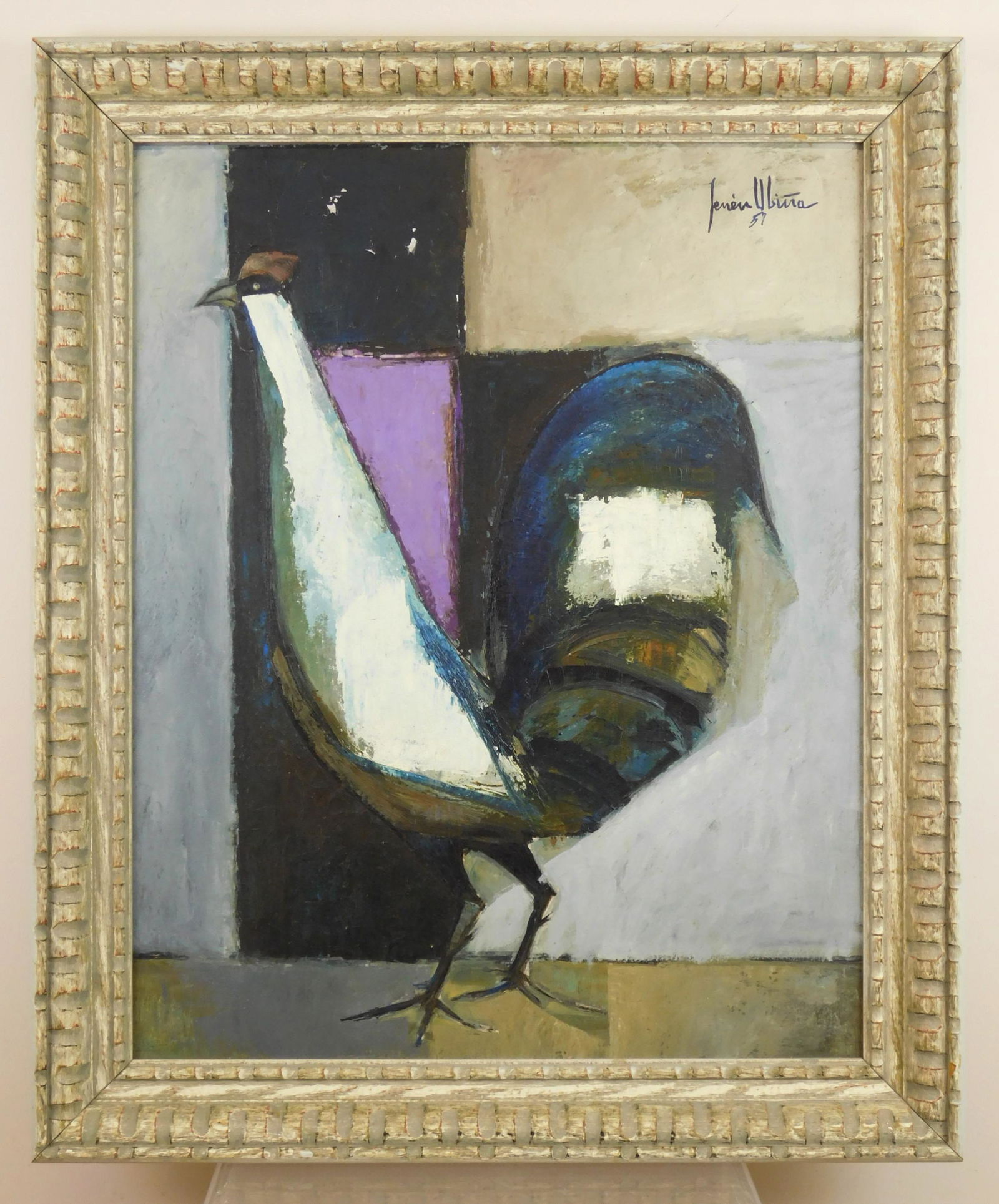 Senen Ubina oil: Senen Ubina (Spanish 1923-2012) Rooster oil on masonite, 1957. signed Senen Ubina /57 upper right, some paint loss, framed. 30 x 24''