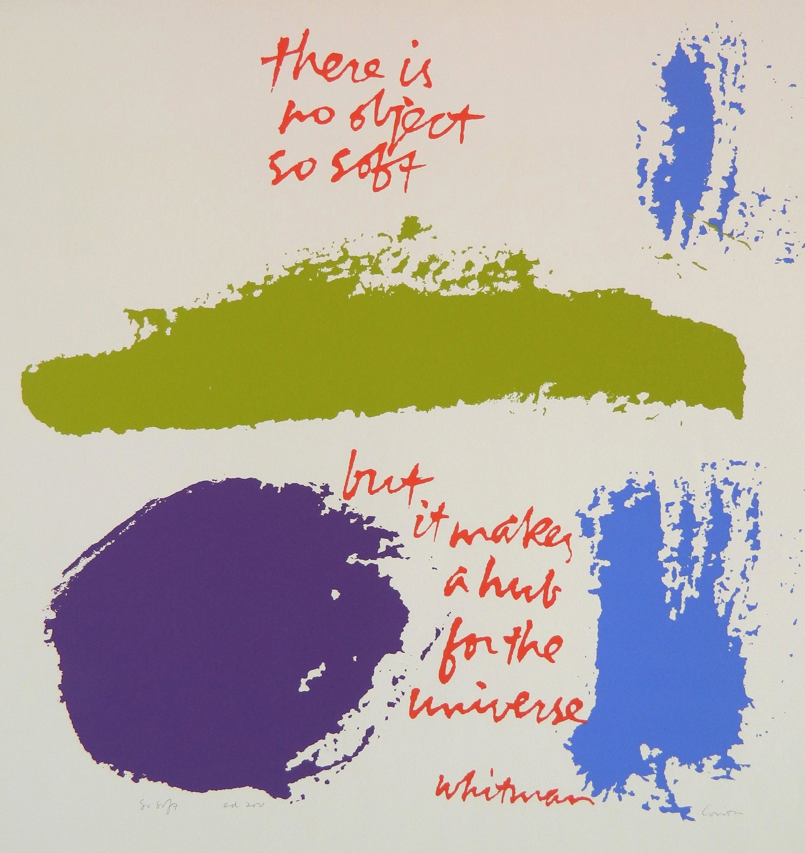 Sister Corita Kent serigraph: Sister Corita Kent (American 1918-1986) ''So Soft'' (Berry-Duncan 71-02) serigraph in colors, ca. 1971-72, signed, titled and annotated 'Ed. 200' in pencil. 22 1/2 x 22 1/2''