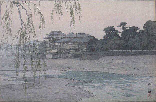 Hiroshi Yoshida woodblock: Hiroshi Yoshida (Japanese 1876-1950)- ''Kamogawa in Kyoto'' (Abe 186)- woodblock in colors, 1933, stamped signature and titled, posthumous printing, this is one of 12 prints in a series on the Kansai 
