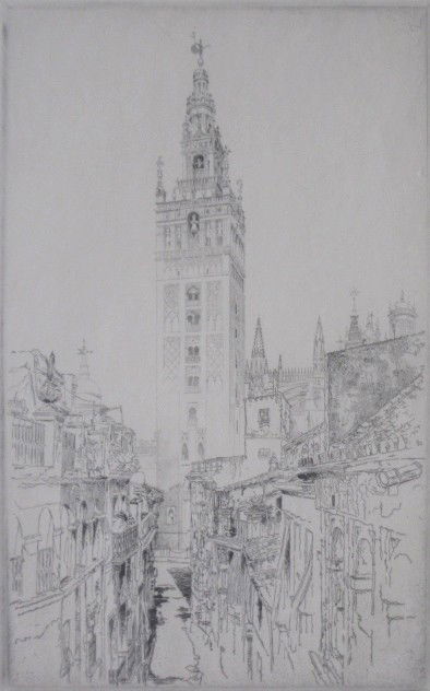 John Taylor Arms etching: John Taylor Arms (American 1887-1953)- ''La Giralda, Seville'' (Fletcher 145)- etching, 1924, signed, dated and annotated 'To My Dearest Sister, Christmas 1924' in pencil, edition of 150, from the ''S