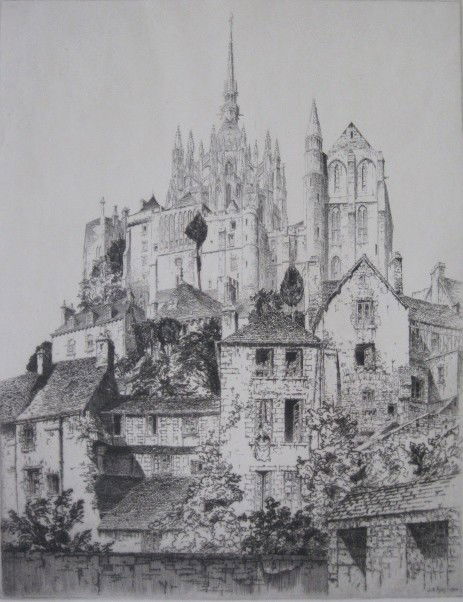 John Taylor Arms etching: John Taylor Arms (American 1887-1953)- ''Mont St. Michel'' (Fletcher 182)- etching, 1926, signed and dated in pencil, edition of 100, some staining verso. 15 x 11 3/4''