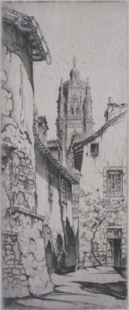 John Taylor Arms etching: John Taylor Arms (American 1887-1953)- ''Rodez, The Tower, Notre Dame'' (Fletcher 189)- etching, 1927, signed and dated in pencil, very good condition. 12 x 4 7/8''
