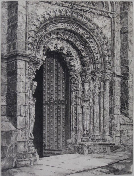 John Taylor Arms etching: John Taylor Arms (American 1887-1953)- ''Study In Stone, Cathedral Orense'' (Fletcher 257)- etching, 1933, signed, dated and annotated 'Ed. 100 II' in pencil, also inscribed 'to Mr. Ralph Mercer / wit