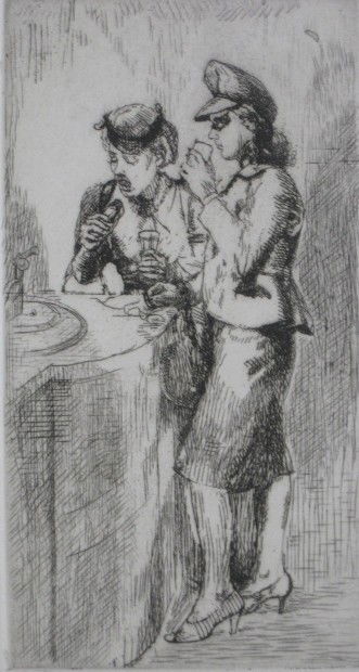 Isabel Bishop etching: Isabel Bishop (American 1902-1988)- ''Lunch Counter'' (Teller 24)- etching, 1940, signed and numbered 44/50 in pencil, from the edition of 1978, very good condition. 7 1/4 x 3 7/8''