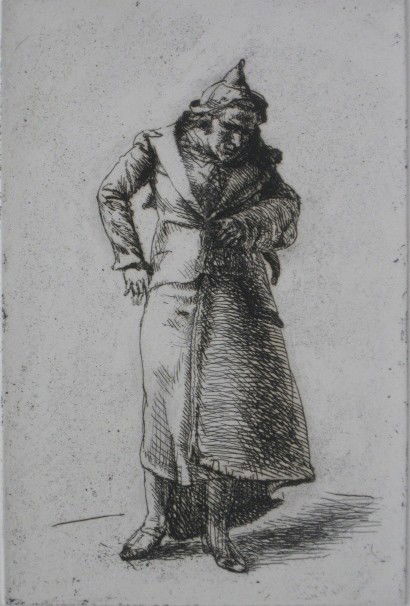 Isabel Bishop etching: Isabel Bishop (American 1902-1988)- ''Putting On The Coat'' (Teller 31)- etching, 1981, signed and numbered xiii/xxv in pencil, from the edition published in 1981, very good condition. 5 7/8 x 3 7/8''