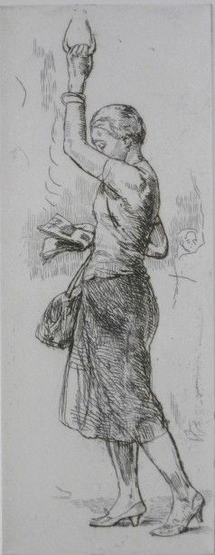 Isabel Bishop etching: Isabel Bishop (American 1902-1988)- ''Single Strap Hanger'' (Teller 47A)- etching, 1950, signed and numbered xxi/xxv in pencil, from the edition published in 1981, very good condition. 8 3/8 x 3 1/4''