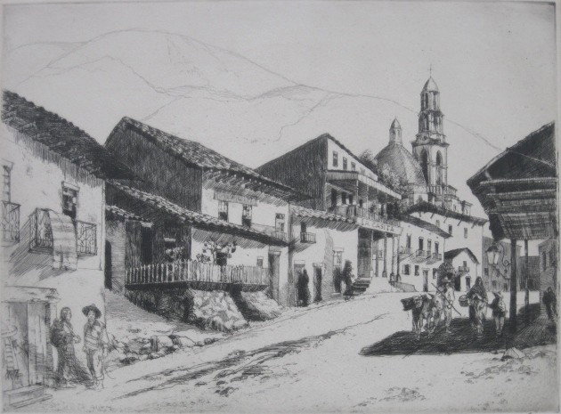 Syd Browne etching: Syd Browne (American 1907-?)- ''Michoacán, Mexico''- etching, 1940, signed, dated, titled and numbered 10/50 and inscribed 'to Betty Overton with best wishes' in pencil, mat burn, old paper tape hing