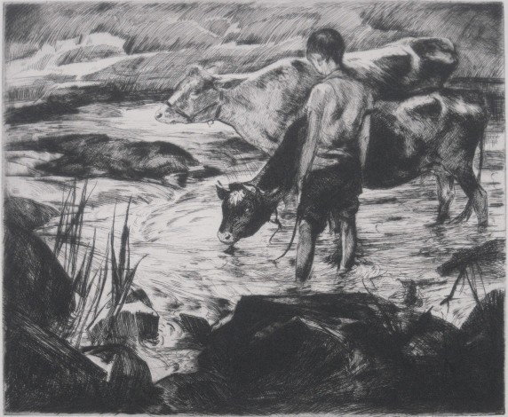 John Edward Costigan etching: John Edward Costigan (American 1888-1972)- ''Boy with Cows''- etching, 1941, signed and titled in pencil, very good condition. 9 7/8 x 11 7/8''
