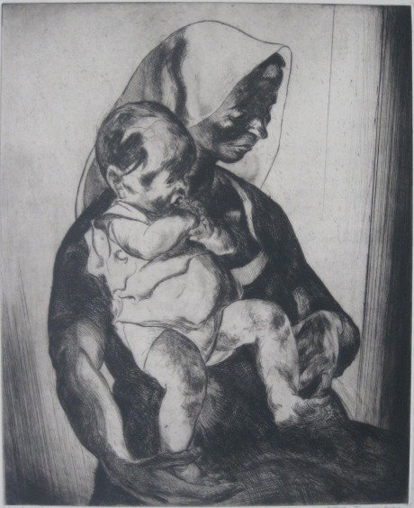John Edward Costigan etching: John Edward Costigan (American 1888-1972)- ''Mother and Child''- etching, 1957, signed, titled, dated and numbered 4/25 in pencil, slightly light struck, tape stain in all 4 corners. 17 x 13 7/8''