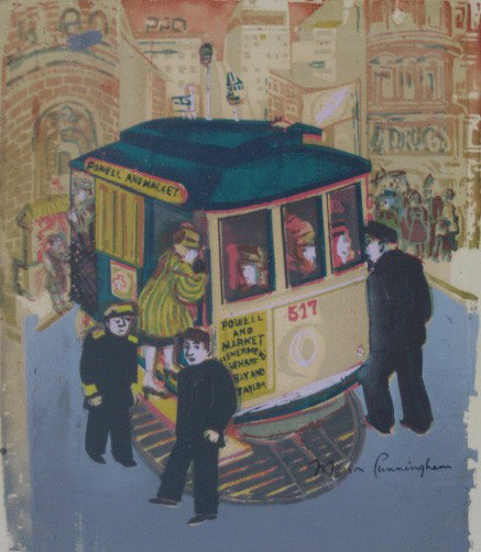 Marion Osborn Cunningham silkscreen: Marion Osborn Cunningham (American 1908-1948)- San Francisco Trolley Car- silkscreen in colors, signed in ink, another screenprint verso also, staining and smudging in margins, otherwise good conditio