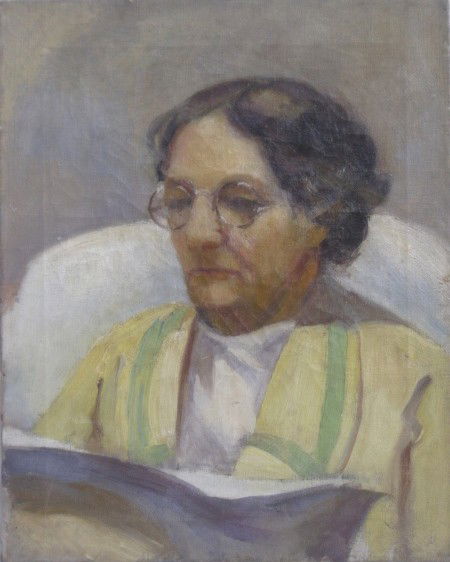 M. Dixon Dodge oil: M. Dixon Dodge (American 20th c.)- Portrait of Mabel Dwight- oil on canvas, inscribed 'For My Dear / Friend Mabel / M. D. D.' verso, some cracquelure, otherwise good condition. 20 x 16''